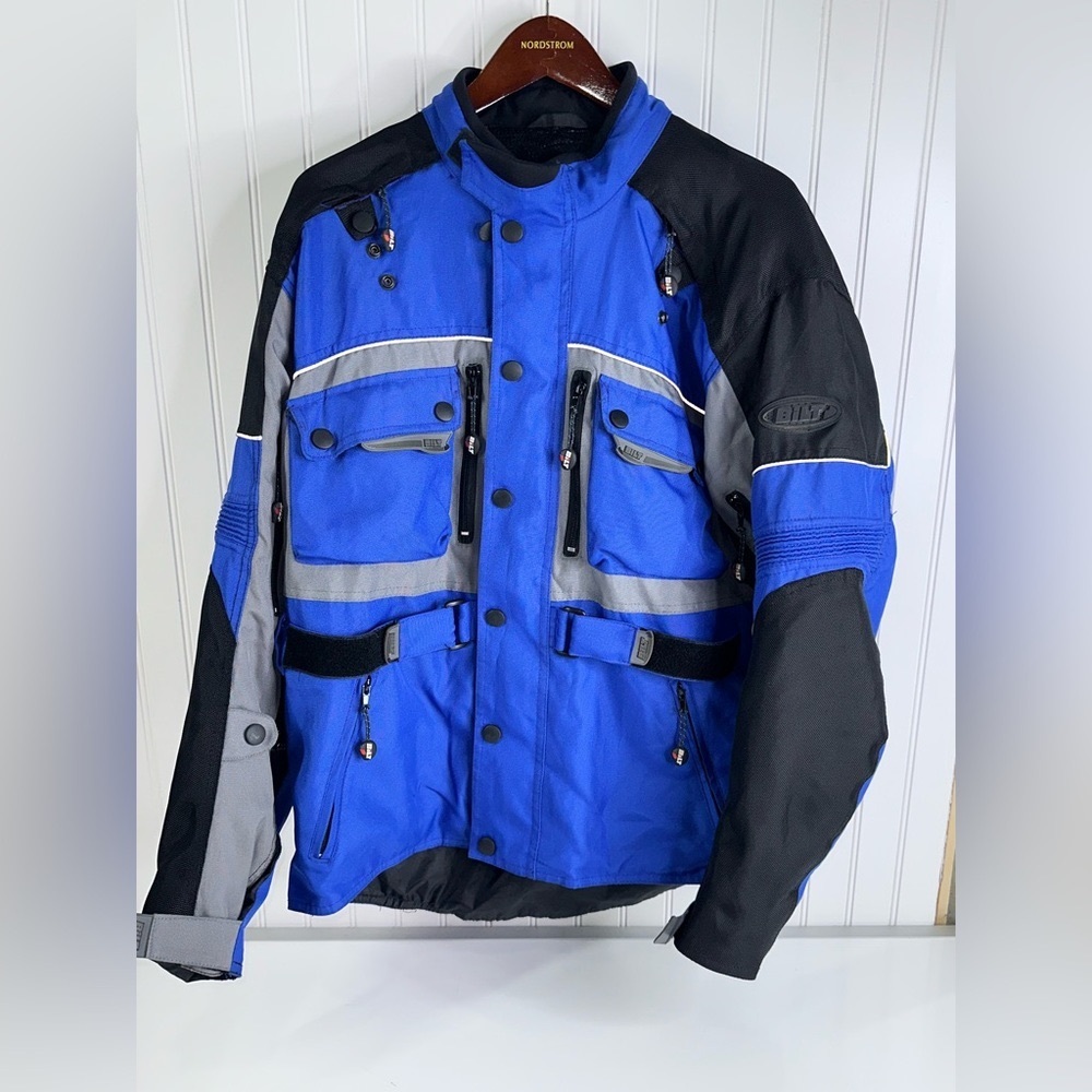 BILT PADDED Riding  MOTORCYCLE JACKET MEN'S Large Waterproof BLW 12 Blue EUC